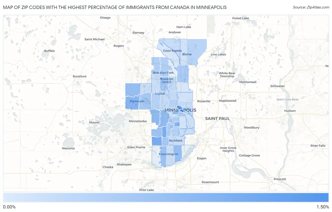 Zip Codes with the Highest Percentage of Immigrants from Canada in Minneapolis Map