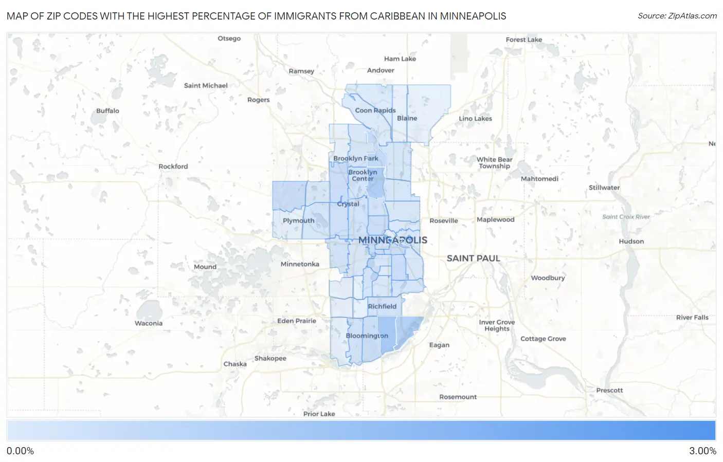 Zip Codes with the Highest Percentage of Immigrants from Caribbean in Minneapolis Map