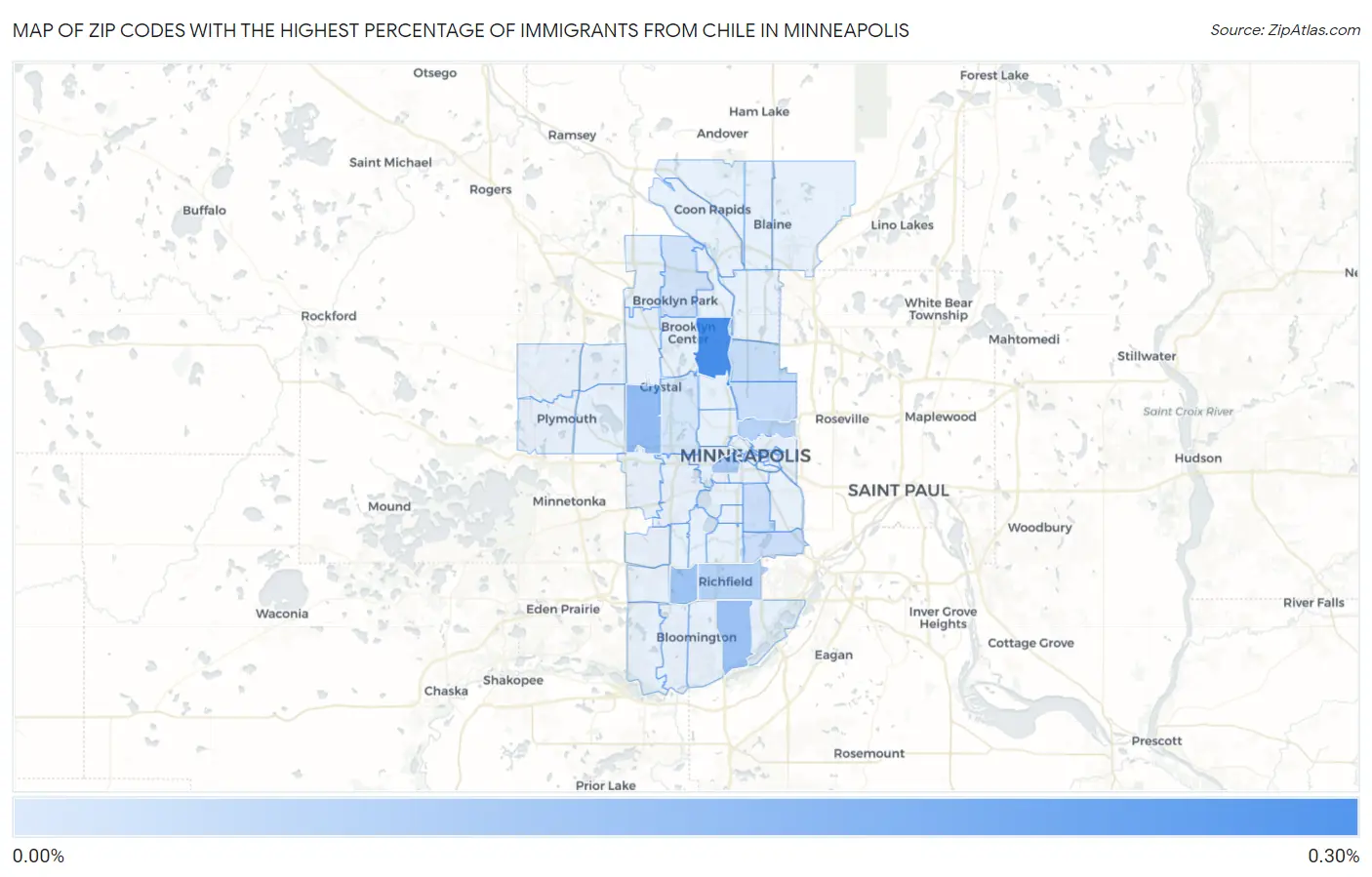 Zip Codes with the Highest Percentage of Immigrants from Chile in Minneapolis Map