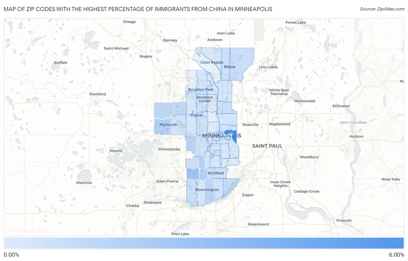 Zip Codes with the Highest Percentage of Immigrants from China in Minneapolis Map