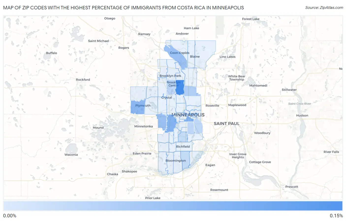 Zip Codes with the Highest Percentage of Immigrants from Costa Rica in Minneapolis Map