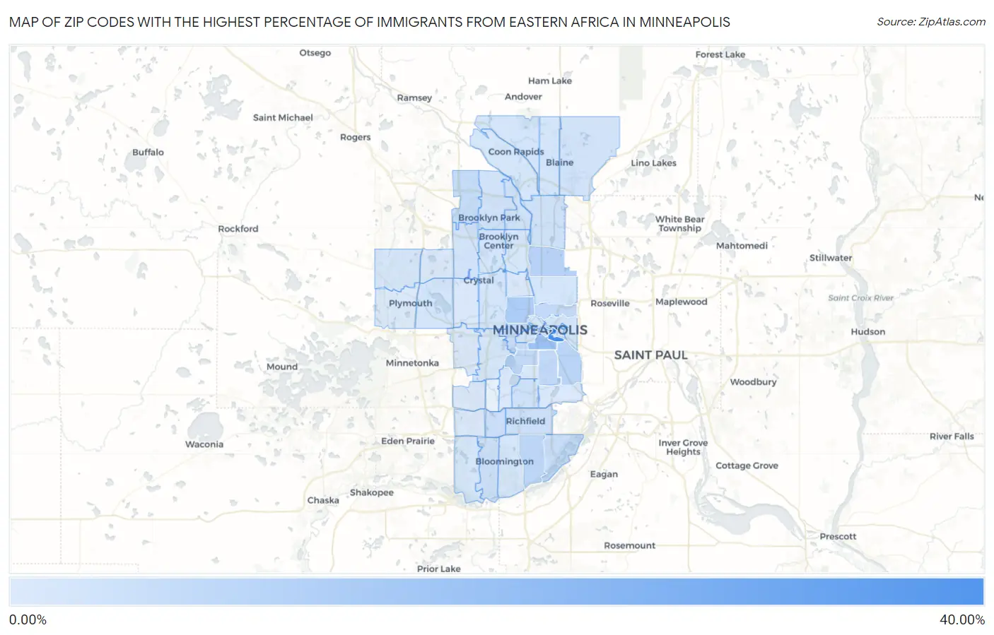Zip Codes with the Highest Percentage of Immigrants from Eastern Africa in Minneapolis Map