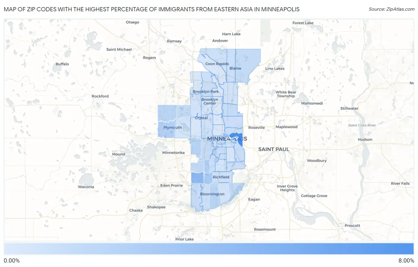 Zip Codes with the Highest Percentage of Immigrants from Eastern Asia in Minneapolis Map