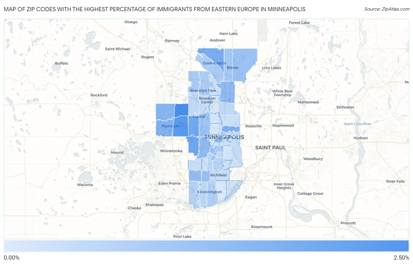Zip Codes with the Highest Percentage of Immigrants from Eastern Europe in Minneapolis Map