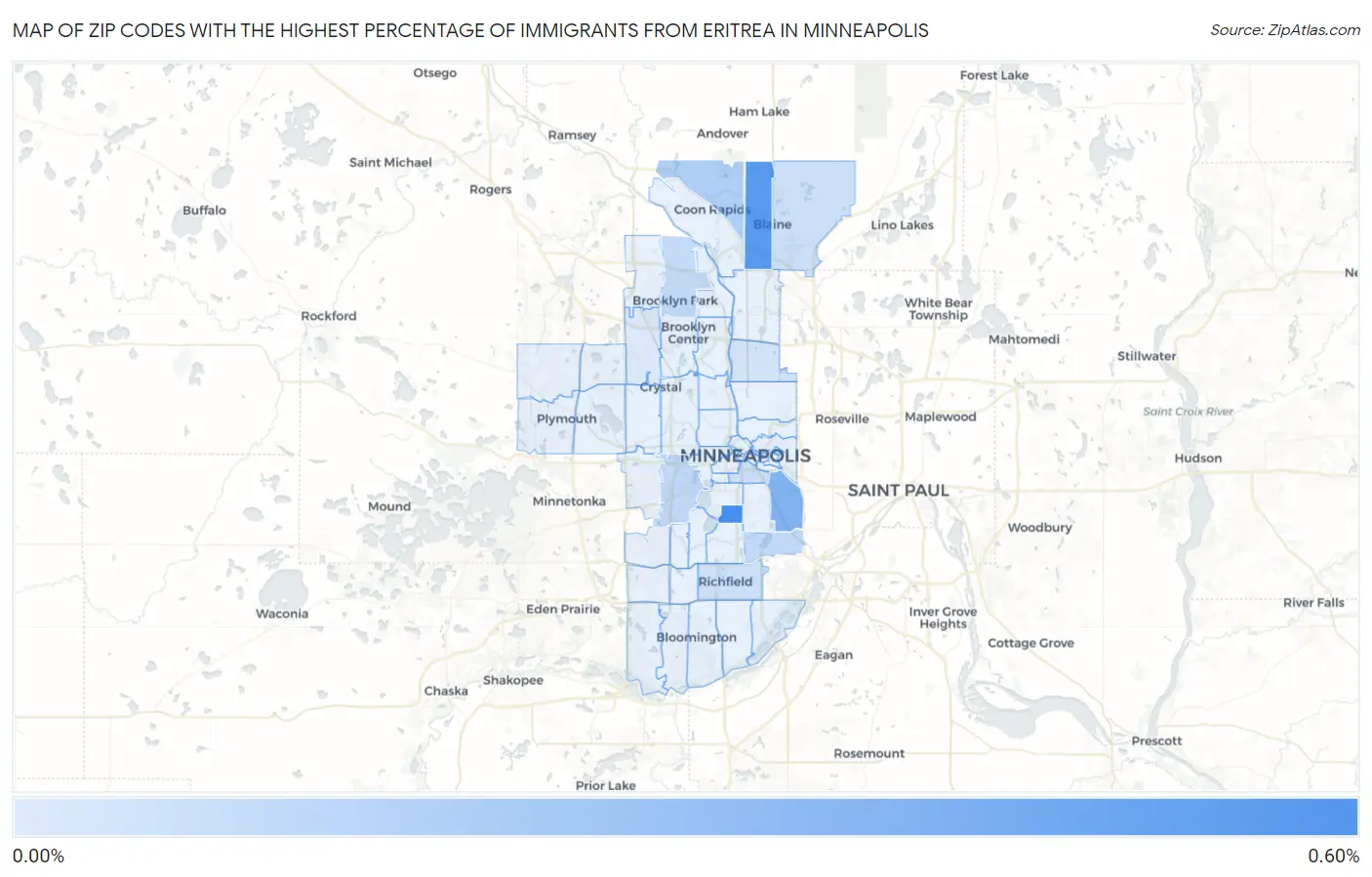 Zip Codes with the Highest Percentage of Immigrants from Eritrea in Minneapolis Map
