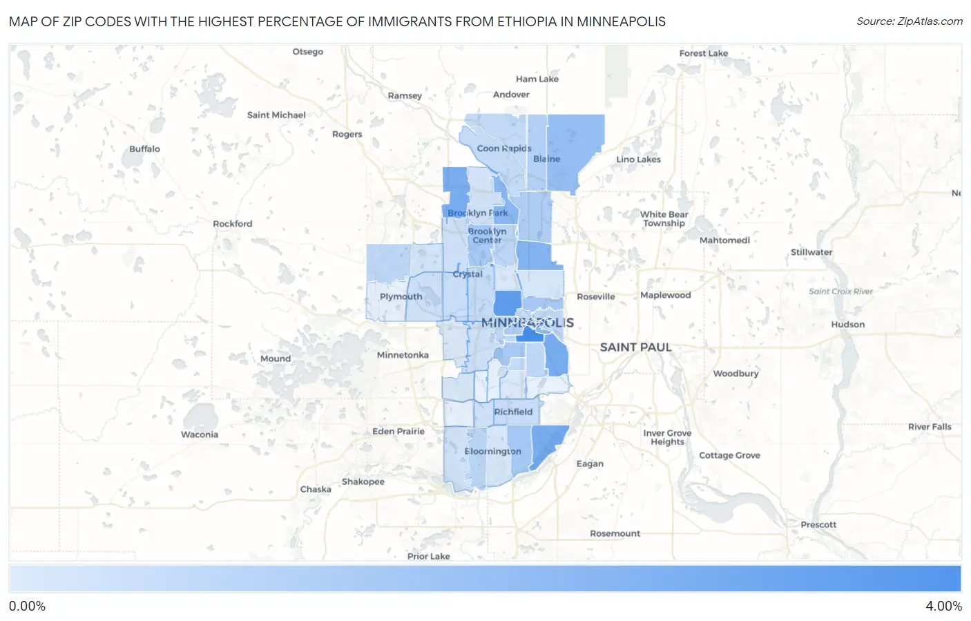 Zip Codes with the Highest Percentage of Immigrants from Ethiopia in Minneapolis Map