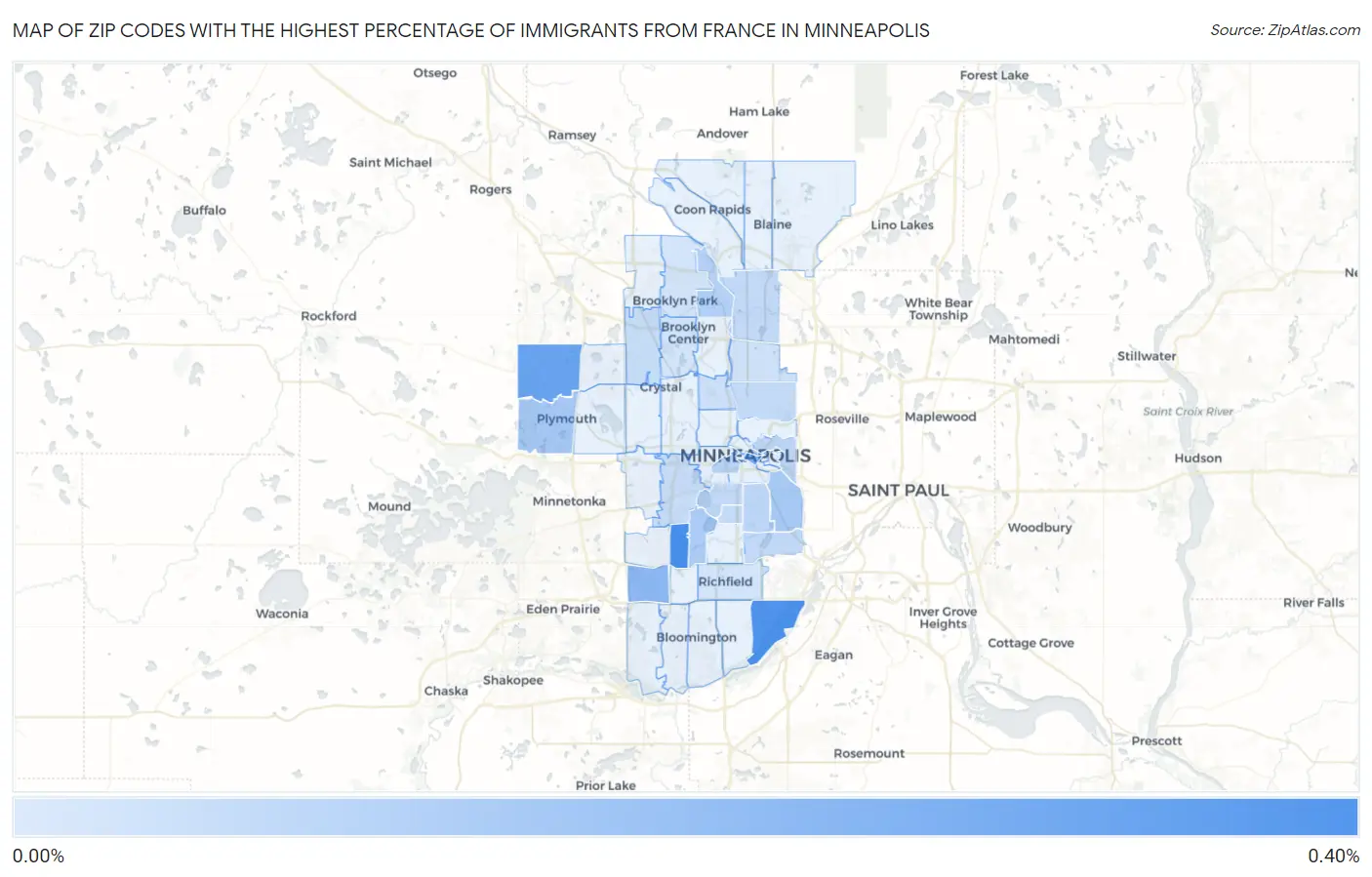 Zip Codes with the Highest Percentage of Immigrants from France in Minneapolis Map