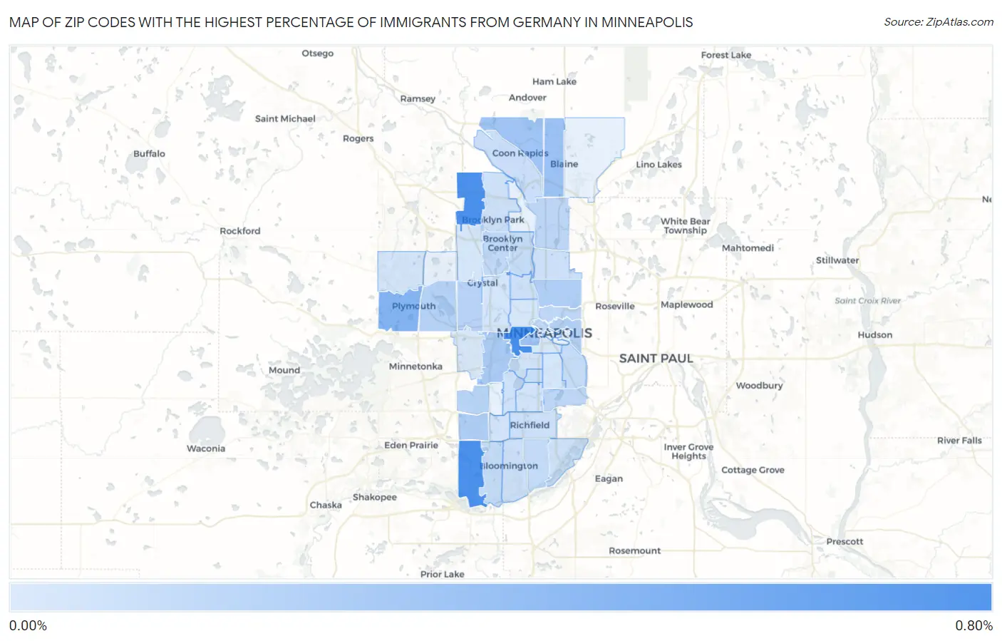 Zip Codes with the Highest Percentage of Immigrants from Germany in Minneapolis Map