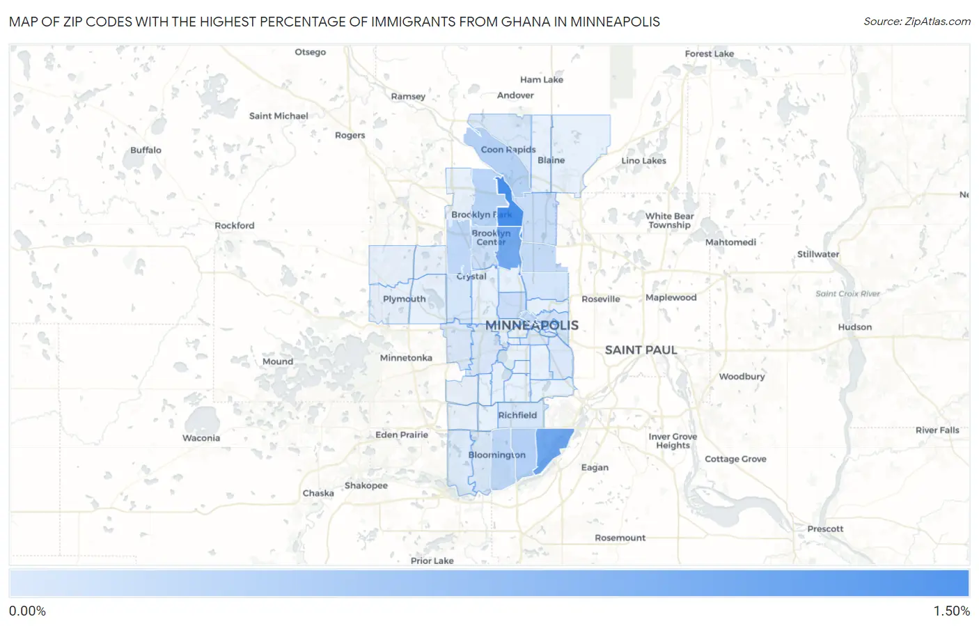 Zip Codes with the Highest Percentage of Immigrants from Ghana in Minneapolis Map