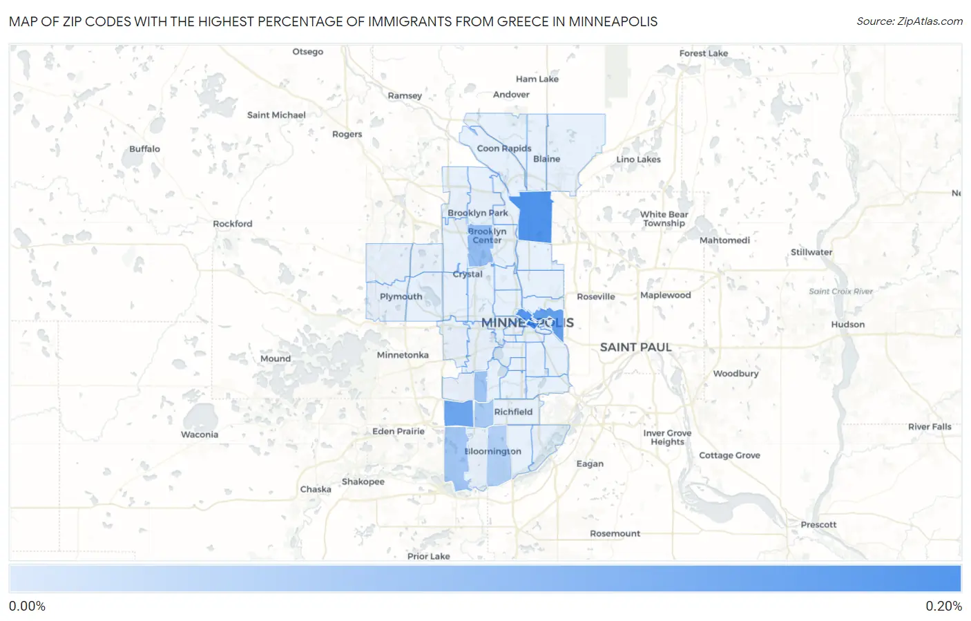 Zip Codes with the Highest Percentage of Immigrants from Greece in Minneapolis Map