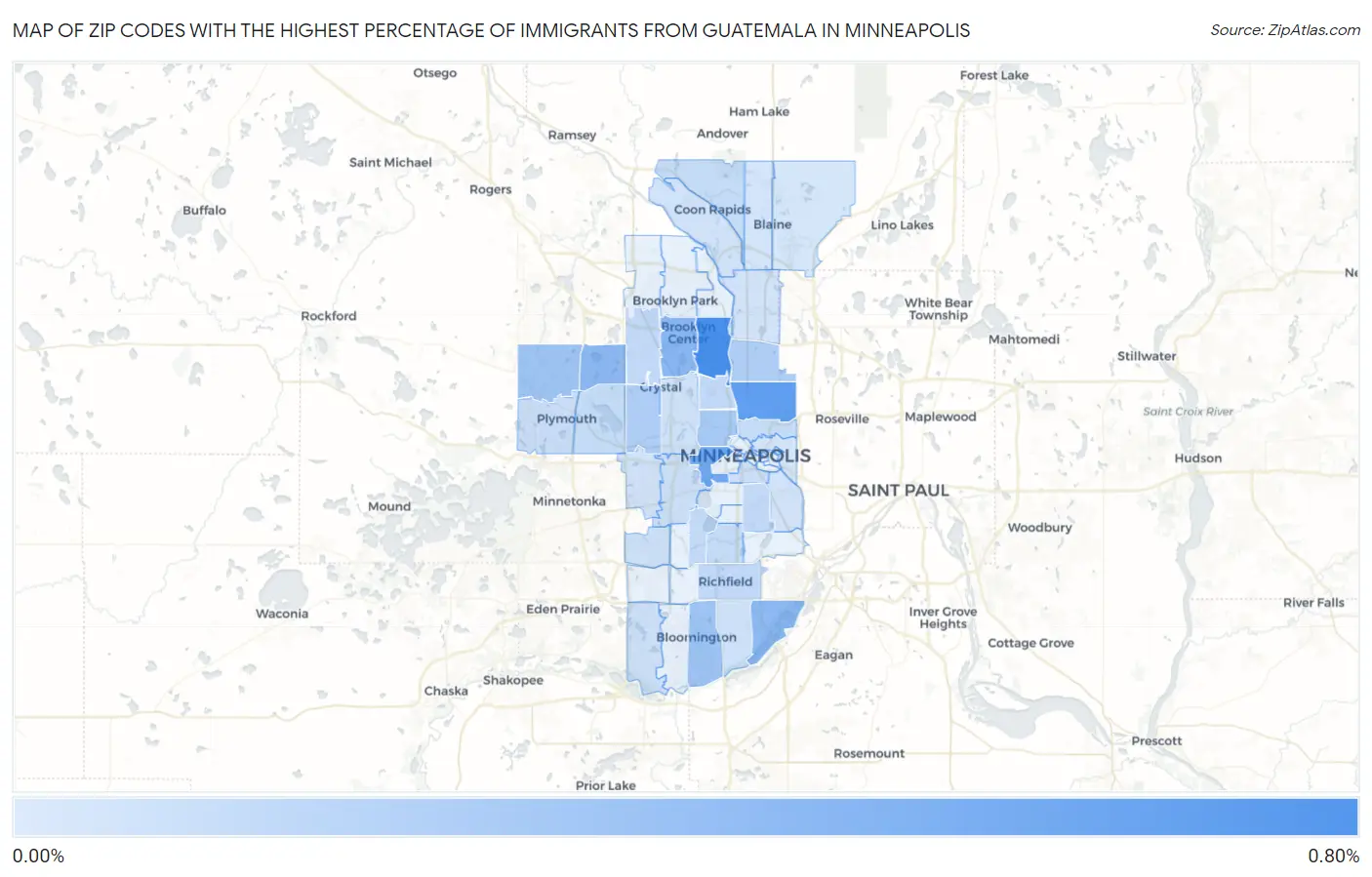 Zip Codes with the Highest Percentage of Immigrants from Guatemala in Minneapolis Map