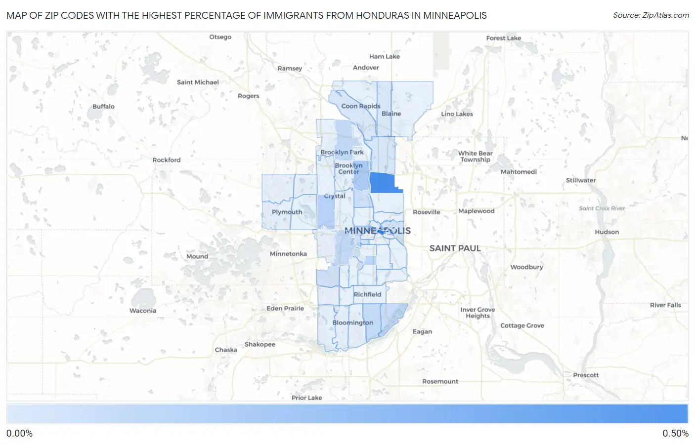 Zip Codes with the Highest Percentage of Immigrants from Honduras in Minneapolis Map