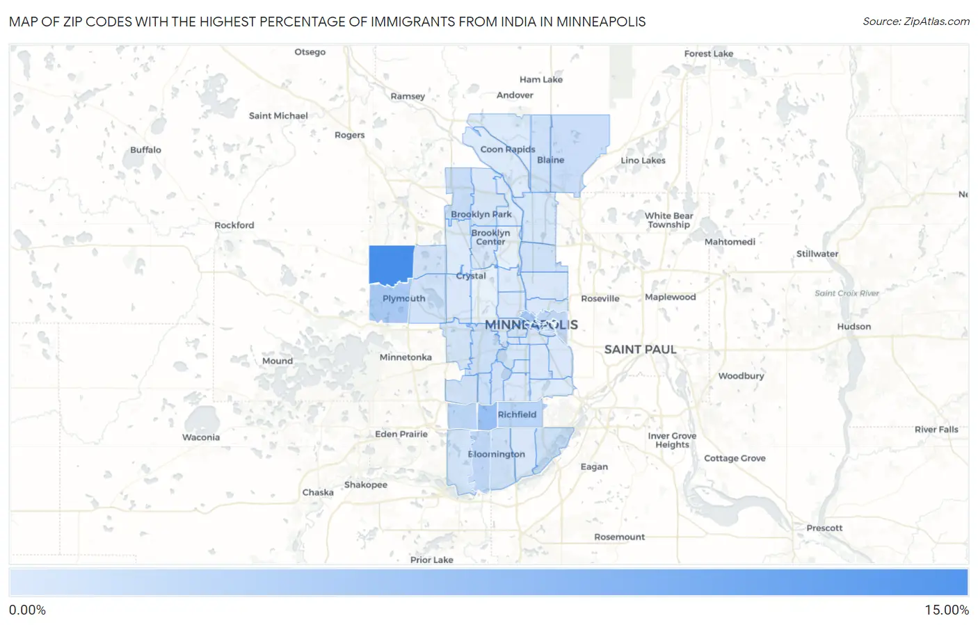 Zip Codes with the Highest Percentage of Immigrants from India in Minneapolis Map