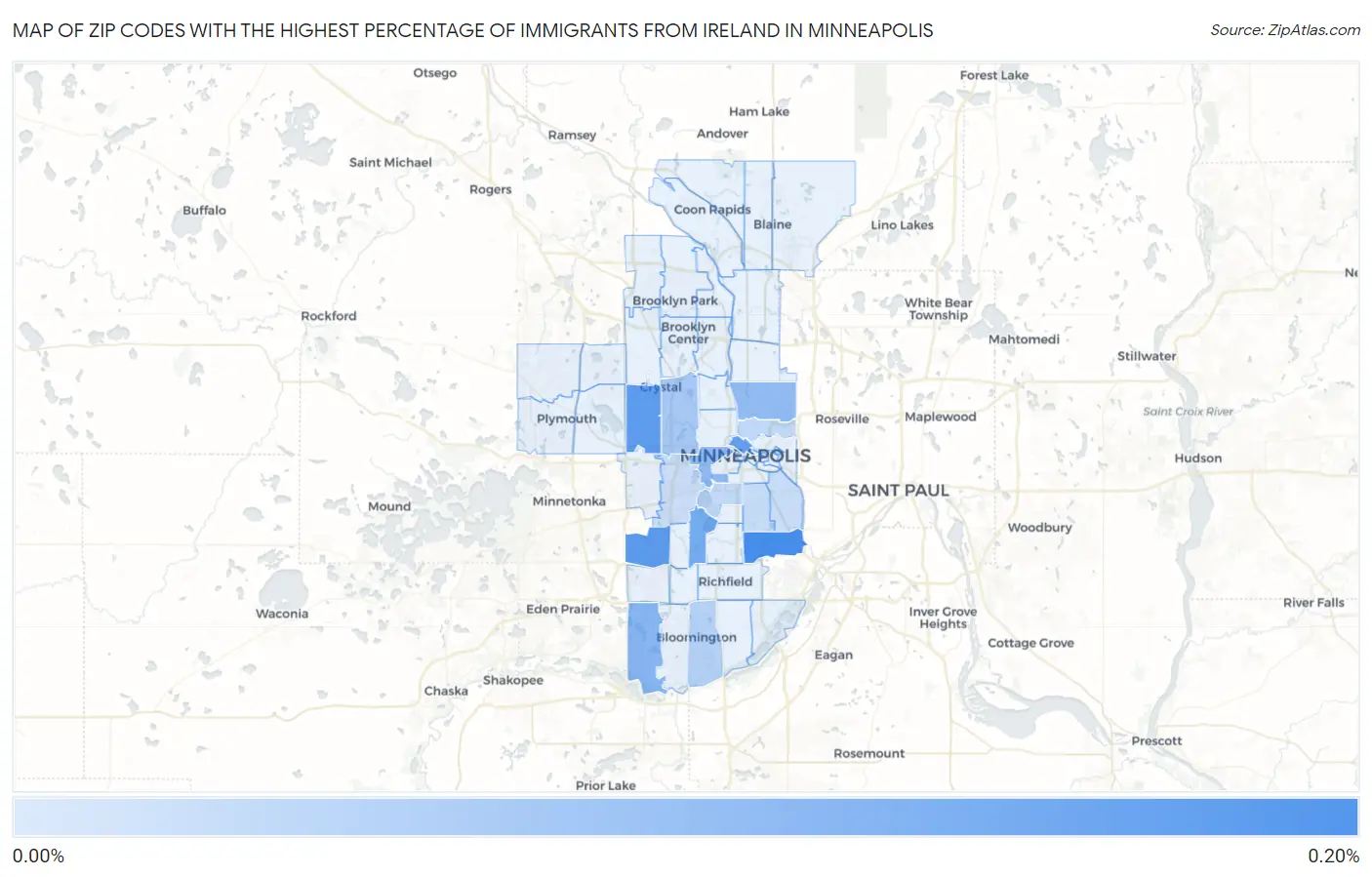 Zip Codes with the Highest Percentage of Immigrants from Ireland in Minneapolis Map