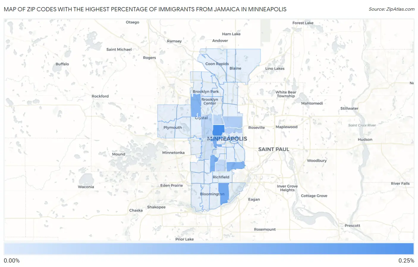 Zip Codes with the Highest Percentage of Immigrants from Jamaica in Minneapolis Map