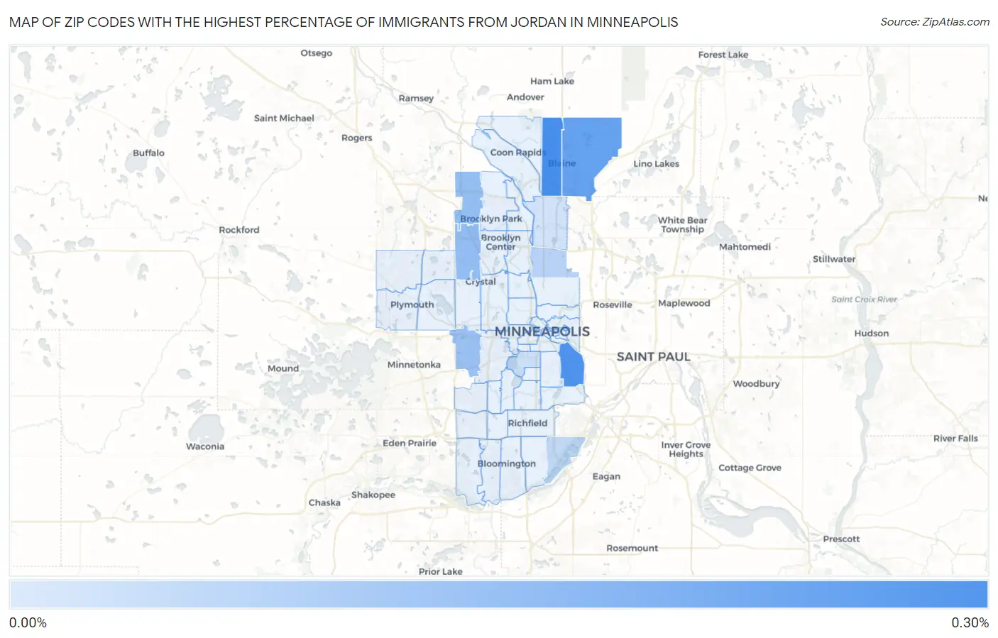 Zip Codes with the Highest Percentage of Immigrants from Jordan in Minneapolis Map