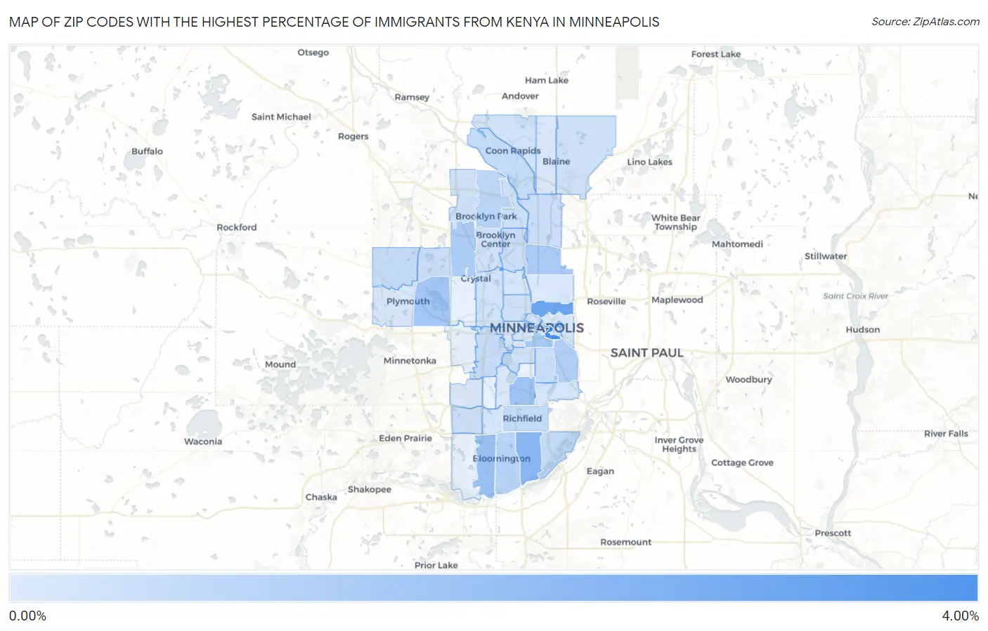 Zip Codes with the Highest Percentage of Immigrants from Kenya in Minneapolis Map