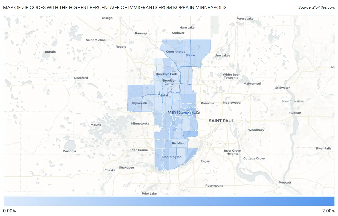 Zip Codes with the Highest Percentage of Immigrants from Korea in Minneapolis Map