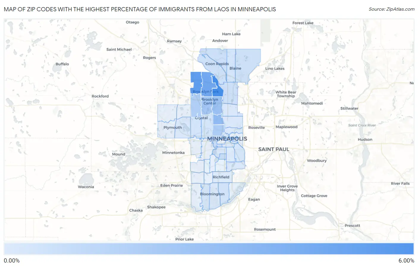 Zip Codes with the Highest Percentage of Immigrants from Laos in Minneapolis Map
