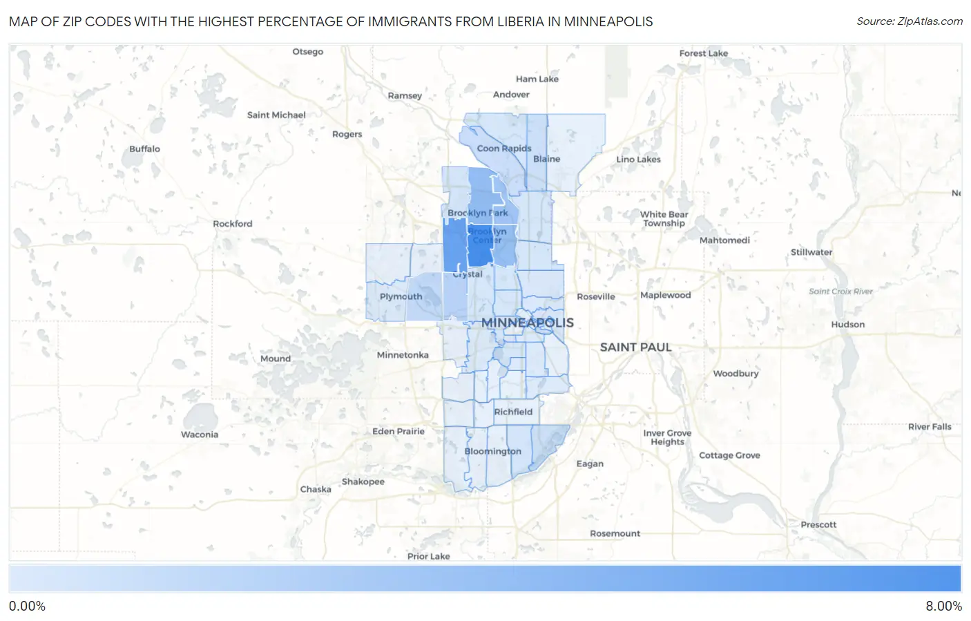 Zip Codes with the Highest Percentage of Immigrants from Liberia in Minneapolis Map