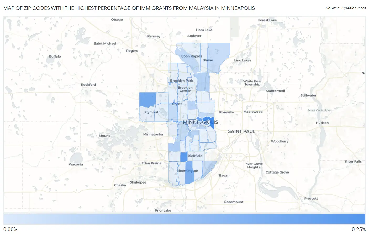 Zip Codes with the Highest Percentage of Immigrants from Malaysia in Minneapolis Map