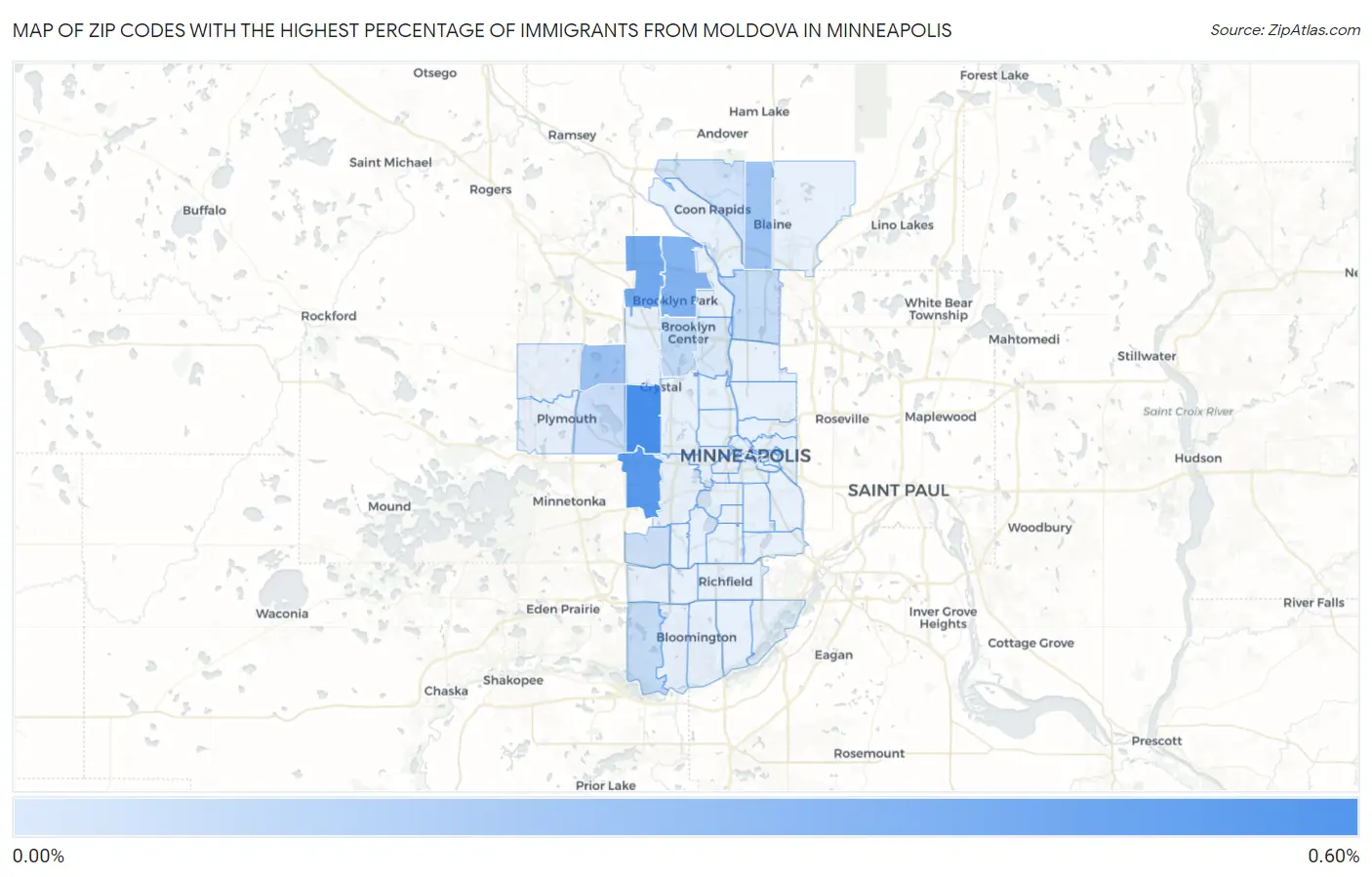 Zip Codes with the Highest Percentage of Immigrants from Moldova in Minneapolis Map