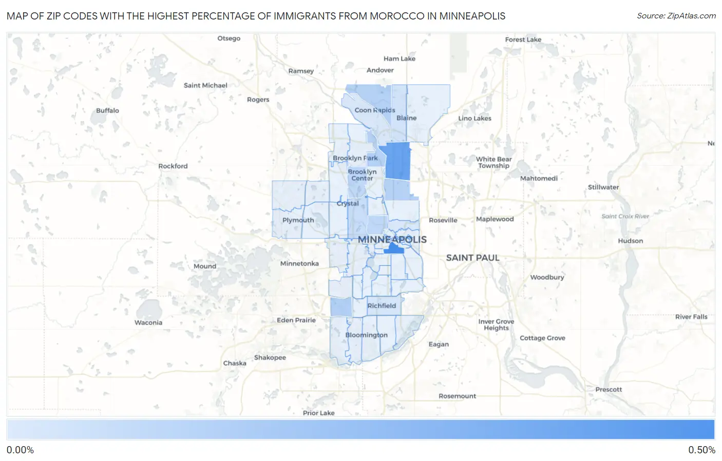 Zip Codes with the Highest Percentage of Immigrants from Morocco in Minneapolis Map