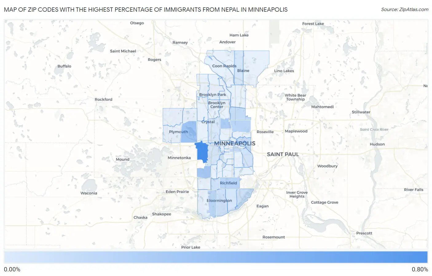 Zip Codes with the Highest Percentage of Immigrants from Nepal in Minneapolis Map
