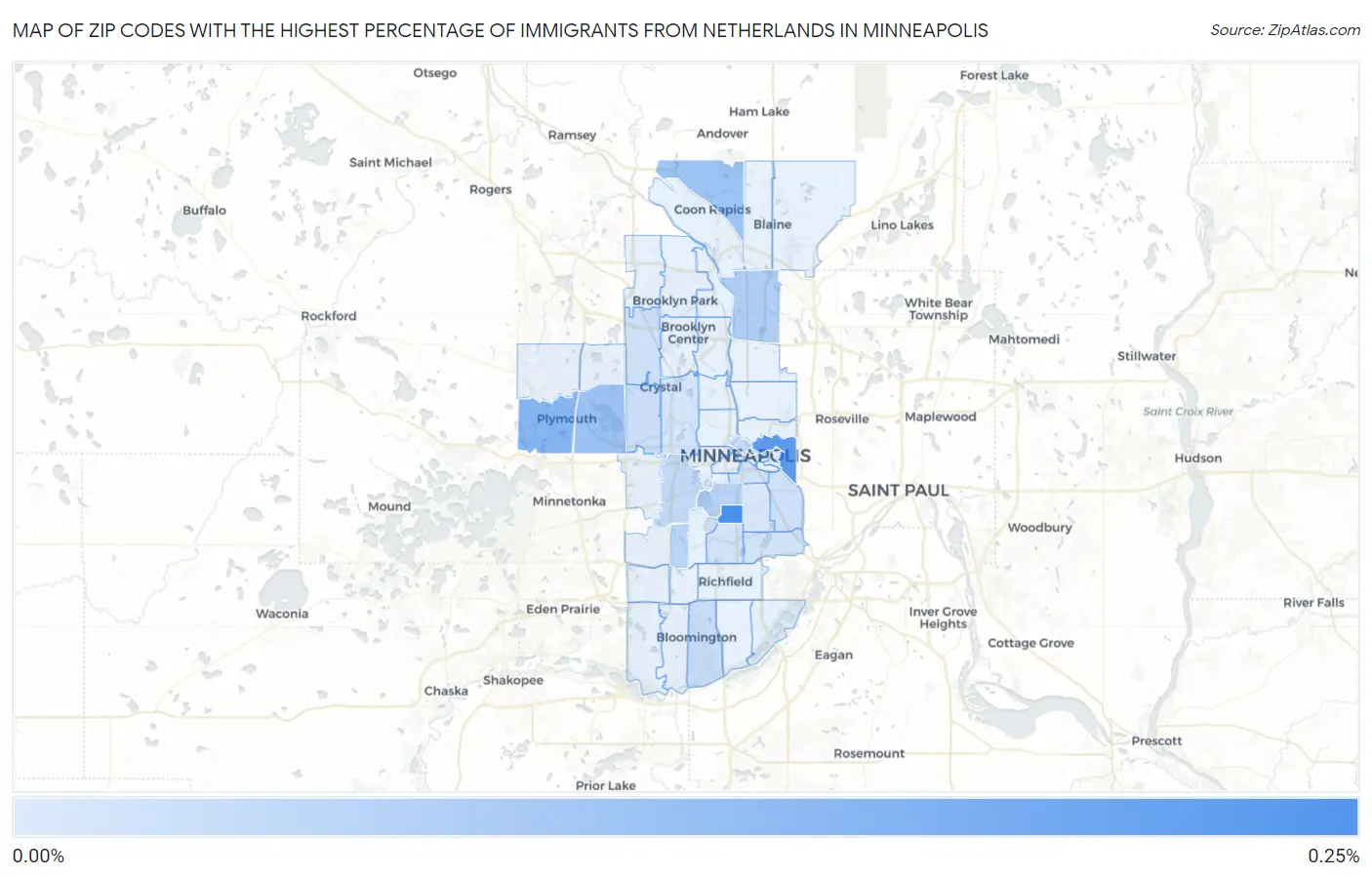 Zip Codes with the Highest Percentage of Immigrants from Netherlands in Minneapolis Map