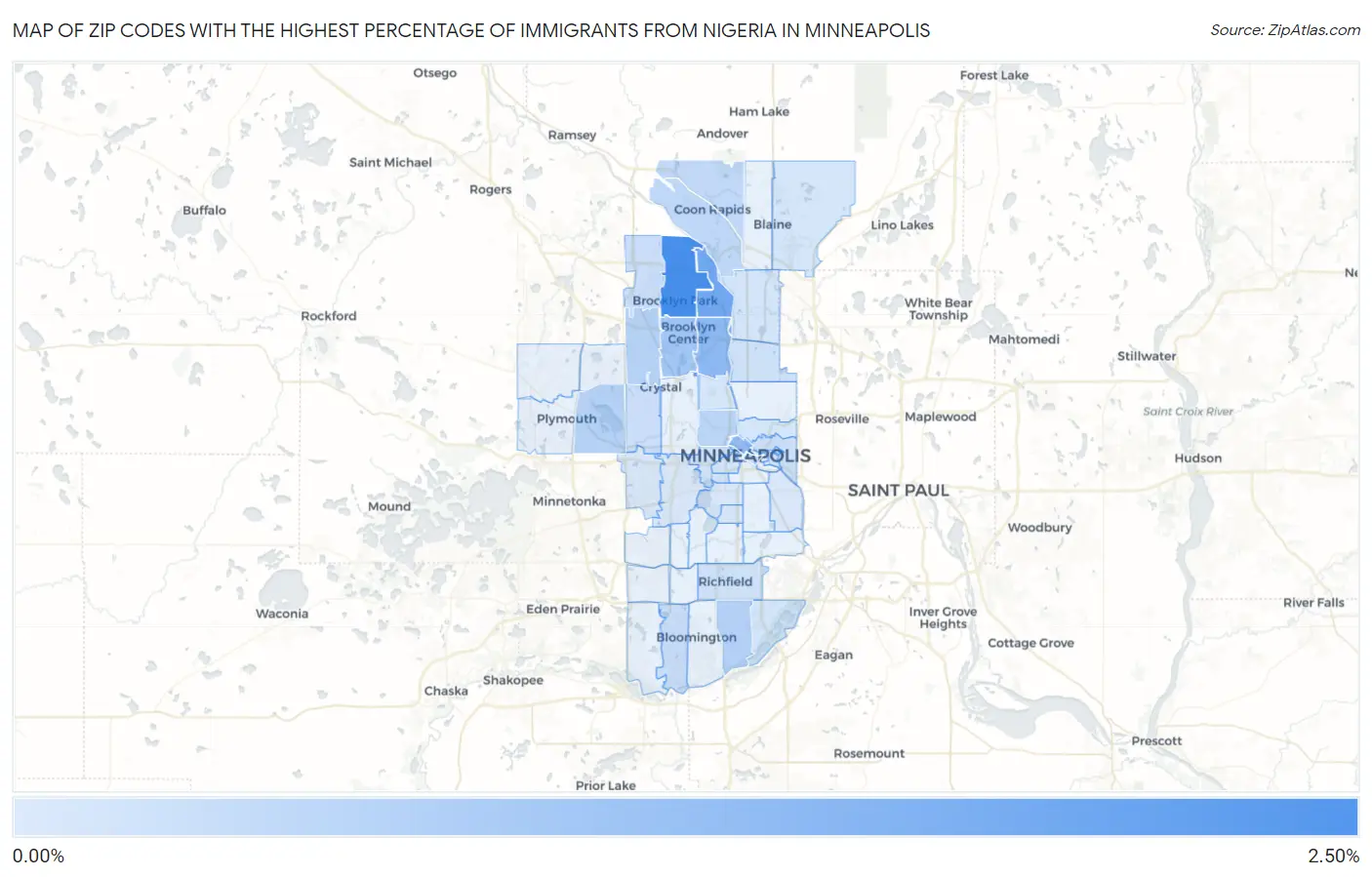 Zip Codes with the Highest Percentage of Immigrants from Nigeria in Minneapolis Map