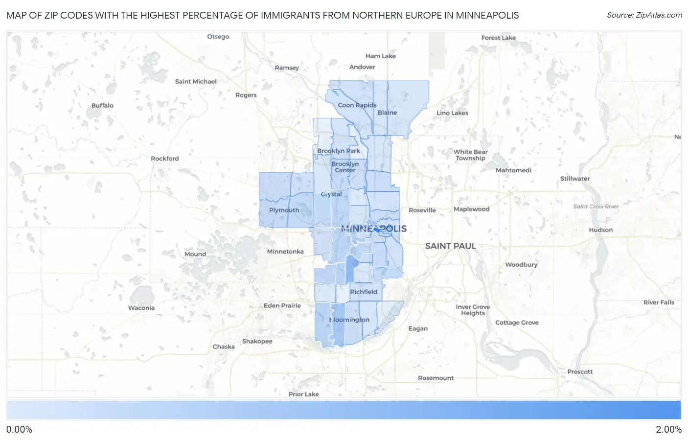 Zip Codes with the Highest Percentage of Immigrants from Northern Europe in Minneapolis Map