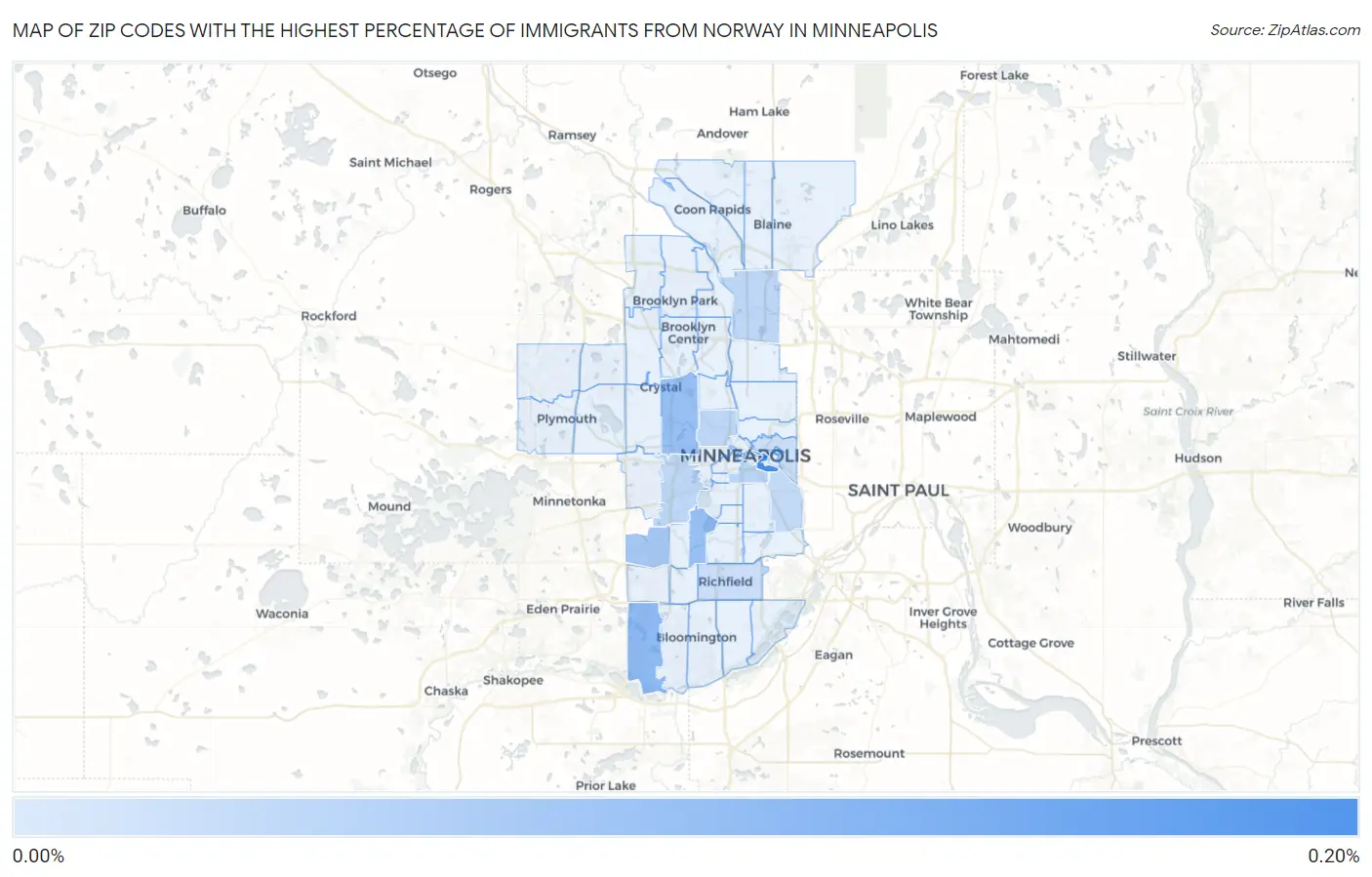 Zip Codes with the Highest Percentage of Immigrants from Norway in Minneapolis Map