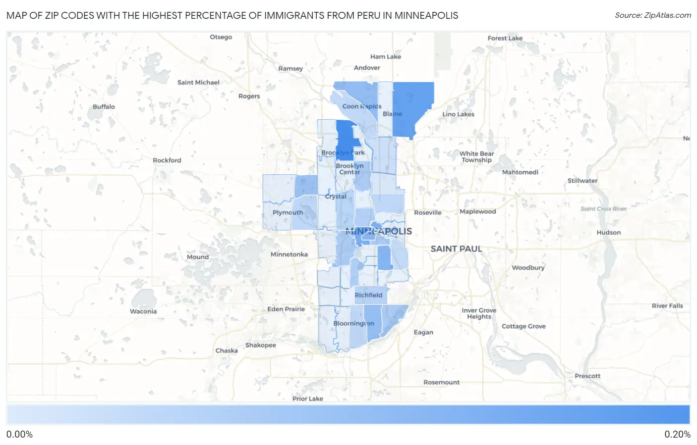Zip Codes with the Highest Percentage of Immigrants from Peru in Minneapolis Map