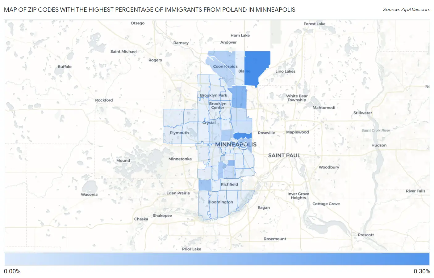 Zip Codes with the Highest Percentage of Immigrants from Poland in Minneapolis Map