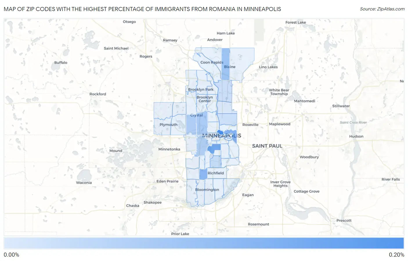 Zip Codes with the Highest Percentage of Immigrants from Romania in Minneapolis Map