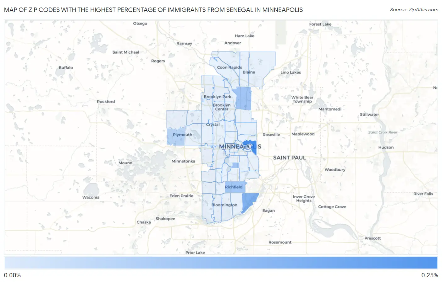 Zip Codes with the Highest Percentage of Immigrants from Senegal in Minneapolis Map