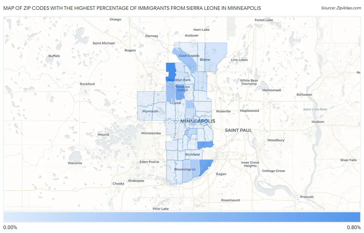 Zip Codes with the Highest Percentage of Immigrants from Sierra Leone in Minneapolis Map