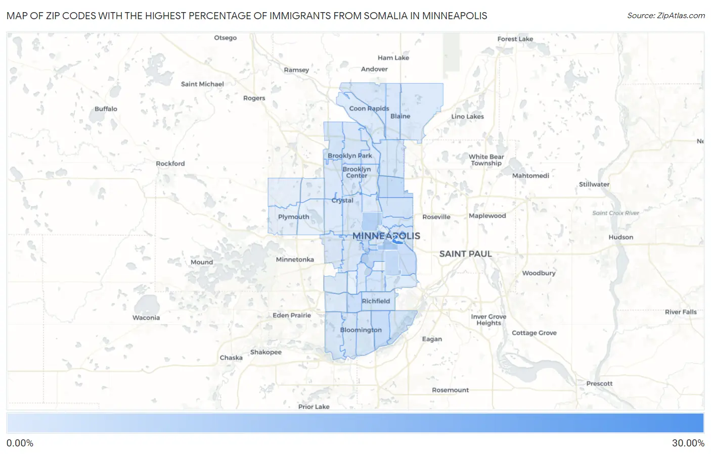 Zip Codes with the Highest Percentage of Immigrants from Somalia in Minneapolis Map