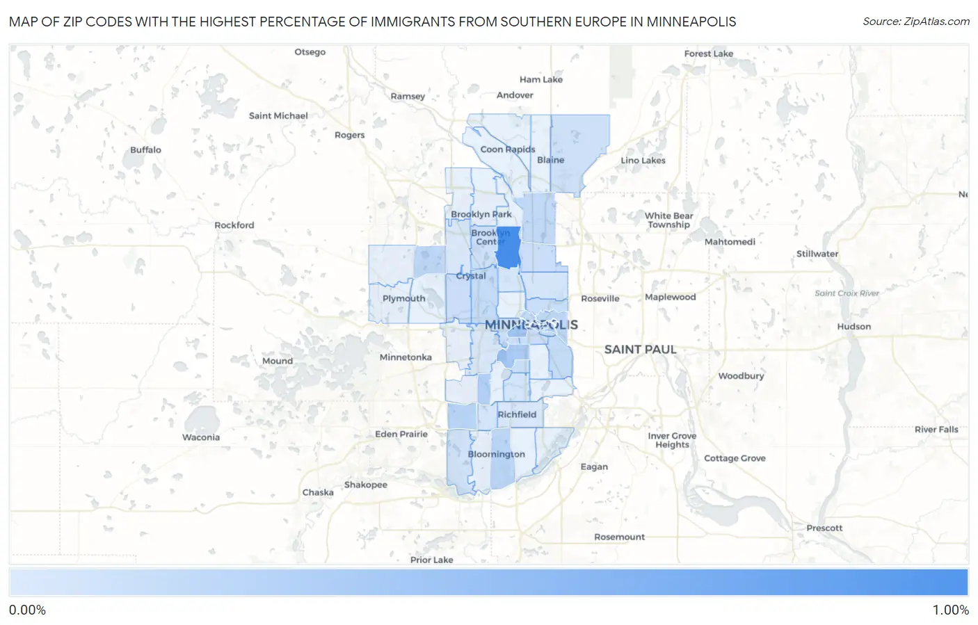 Zip Codes with the Highest Percentage of Immigrants from Southern Europe in Minneapolis Map