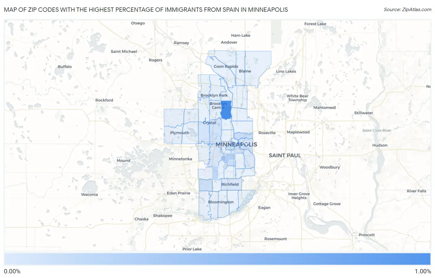 Zip Codes with the Highest Percentage of Immigrants from Spain in Minneapolis Map