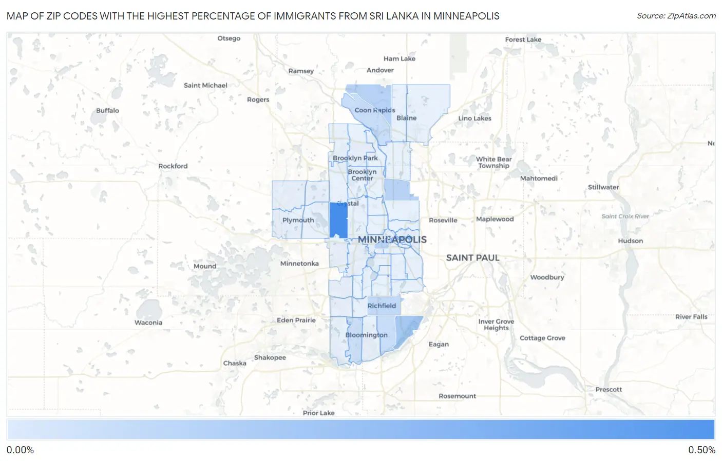 Zip Codes with the Highest Percentage of Immigrants from Sri Lanka in Minneapolis Map