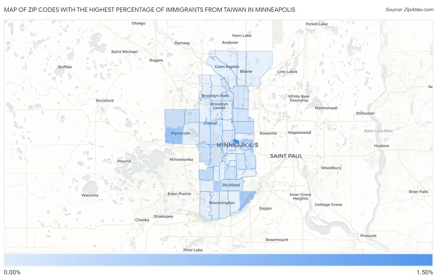 Zip Codes with the Highest Percentage of Immigrants from Taiwan in Minneapolis Map