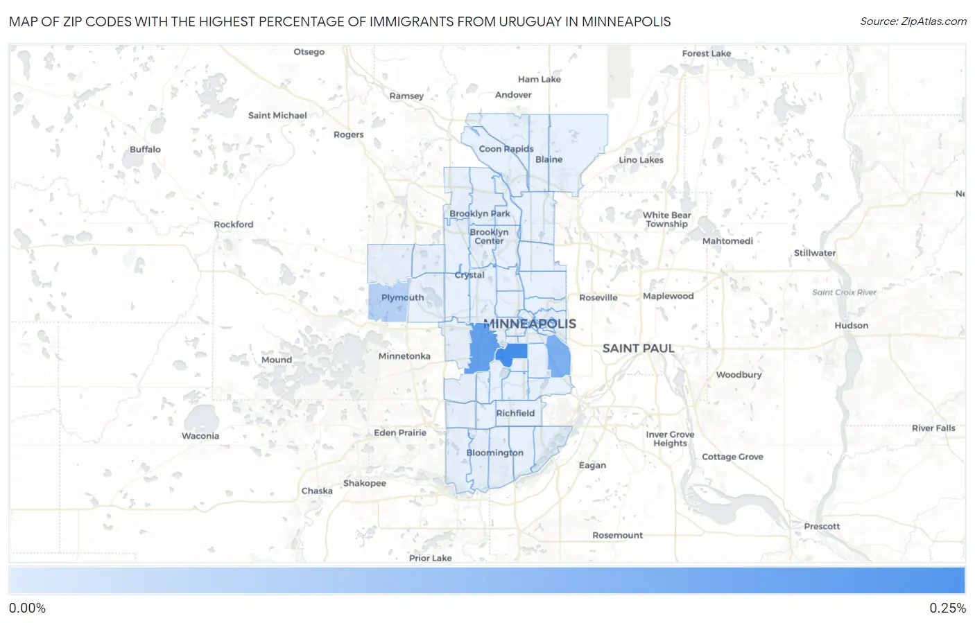 Zip Codes with the Highest Percentage of Immigrants from Uruguay in Minneapolis Map