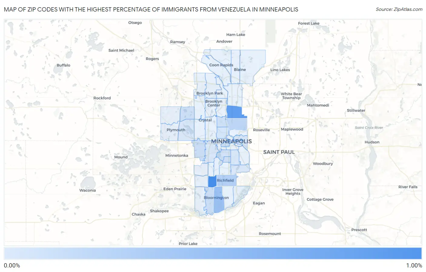 Zip Codes with the Highest Percentage of Immigrants from Venezuela in Minneapolis Map