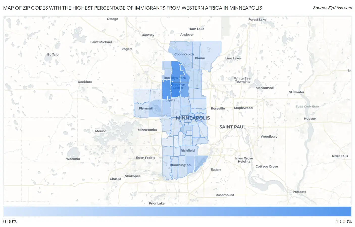 Zip Codes with the Highest Percentage of Immigrants from Western Africa in Minneapolis Map