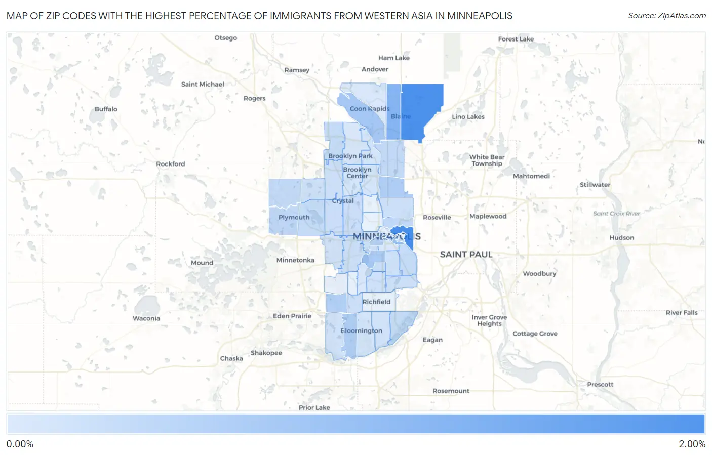 Zip Codes with the Highest Percentage of Immigrants from Western Asia in Minneapolis Map