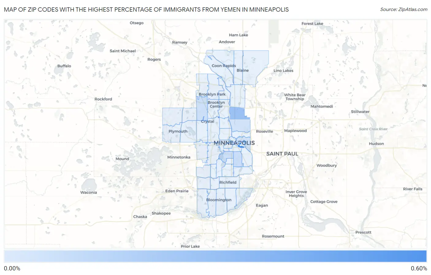 Zip Codes with the Highest Percentage of Immigrants from Yemen in Minneapolis Map