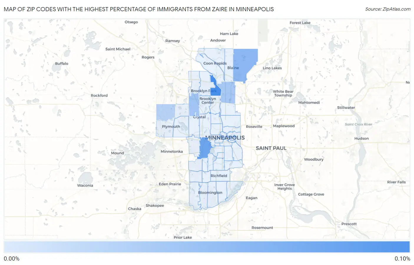 Zip Codes with the Highest Percentage of Immigrants from Zaire in Minneapolis Map