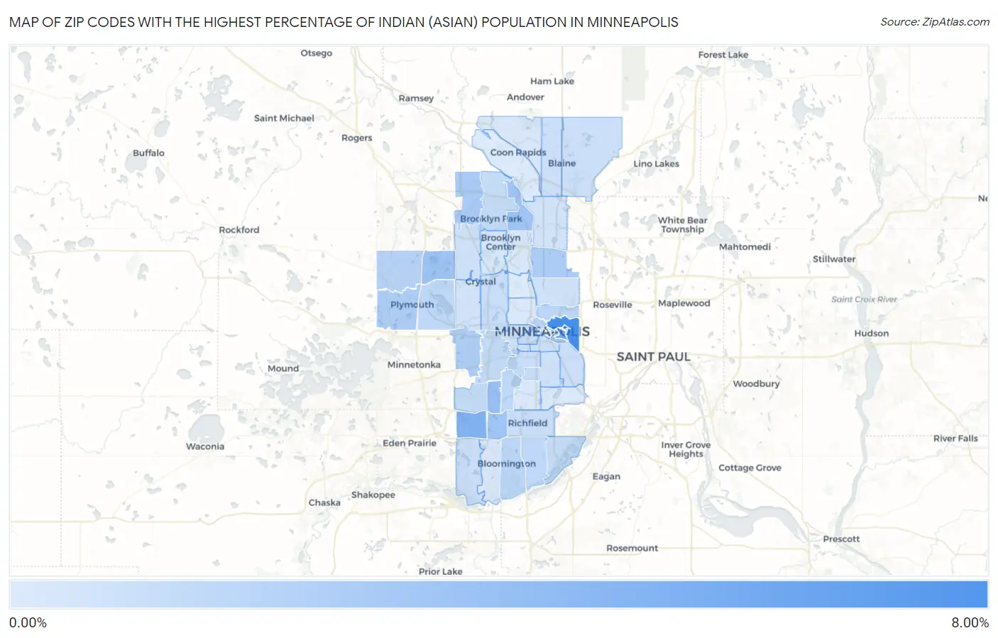 Zip Codes with the Highest Percentage of Indian (Asian) Population in Minneapolis Map