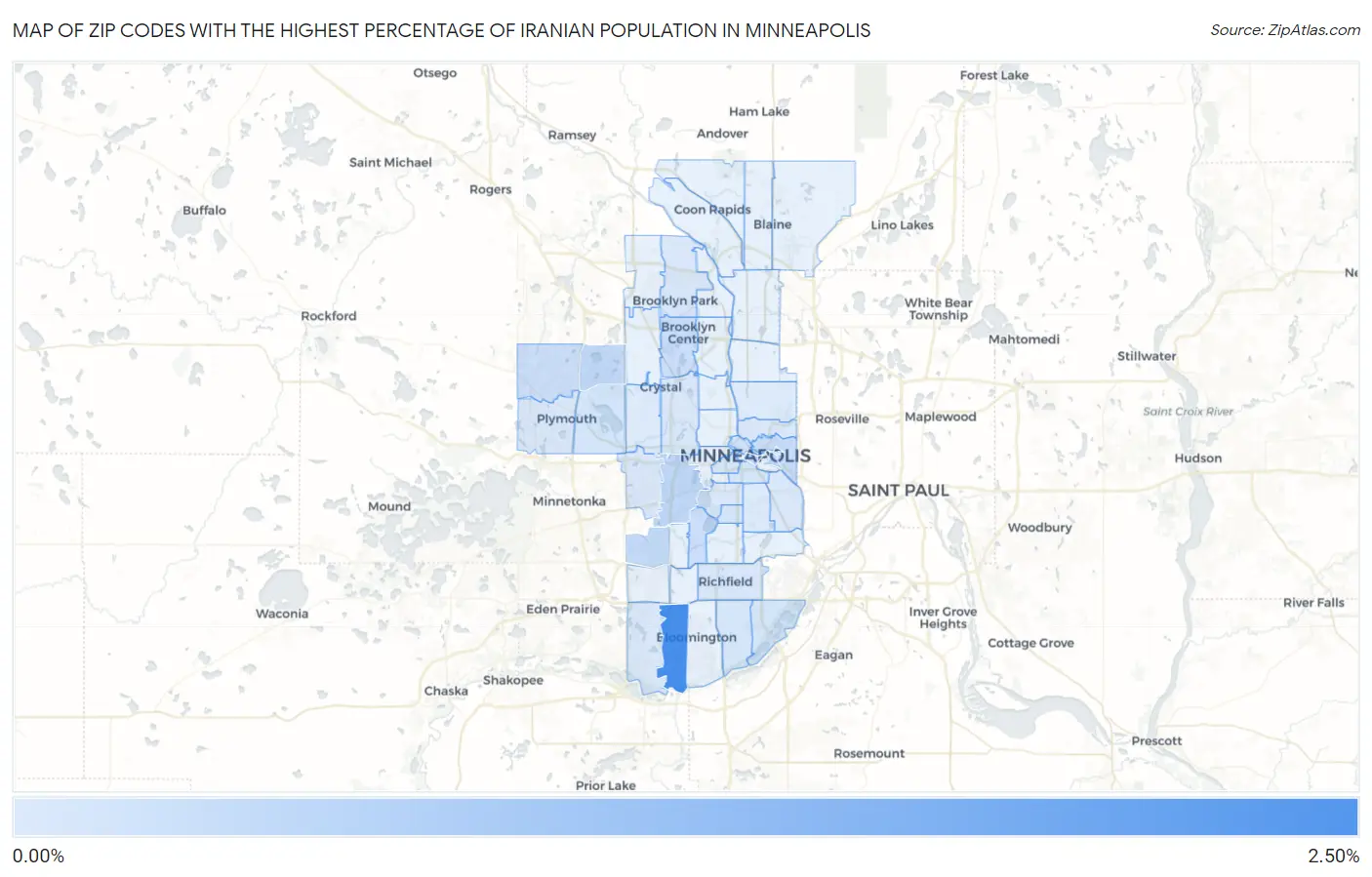 Zip Codes with the Highest Percentage of Iranian Population in Minneapolis Map